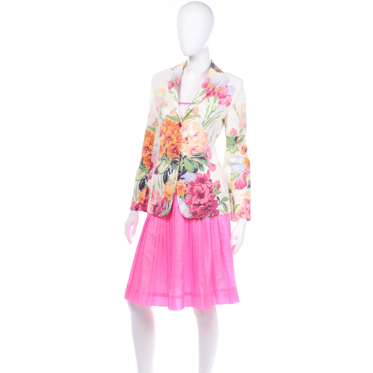 Oscar de la Renta Pink Skirt With Top and Floral Jacket