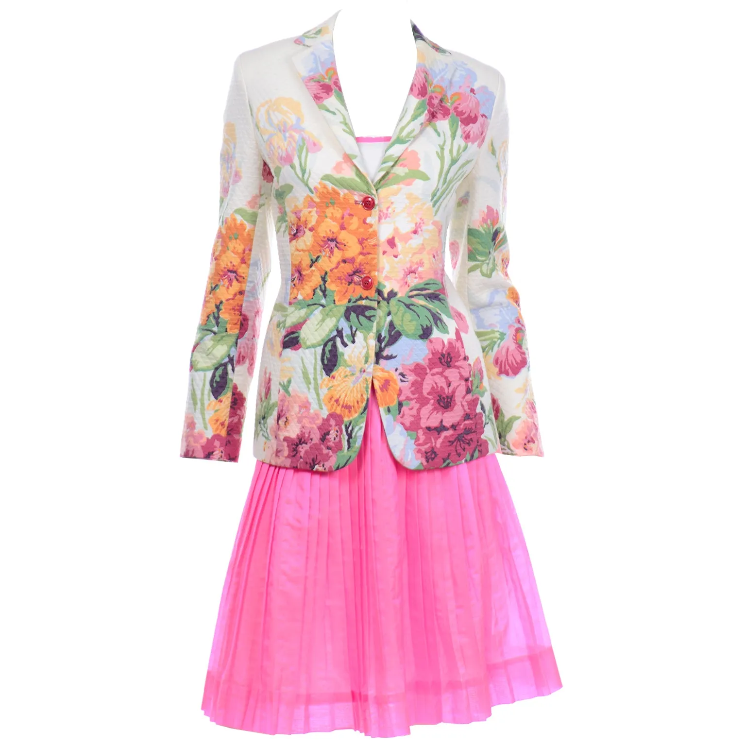 Oscar de la Renta Pink Skirt With Top and Floral Jacket