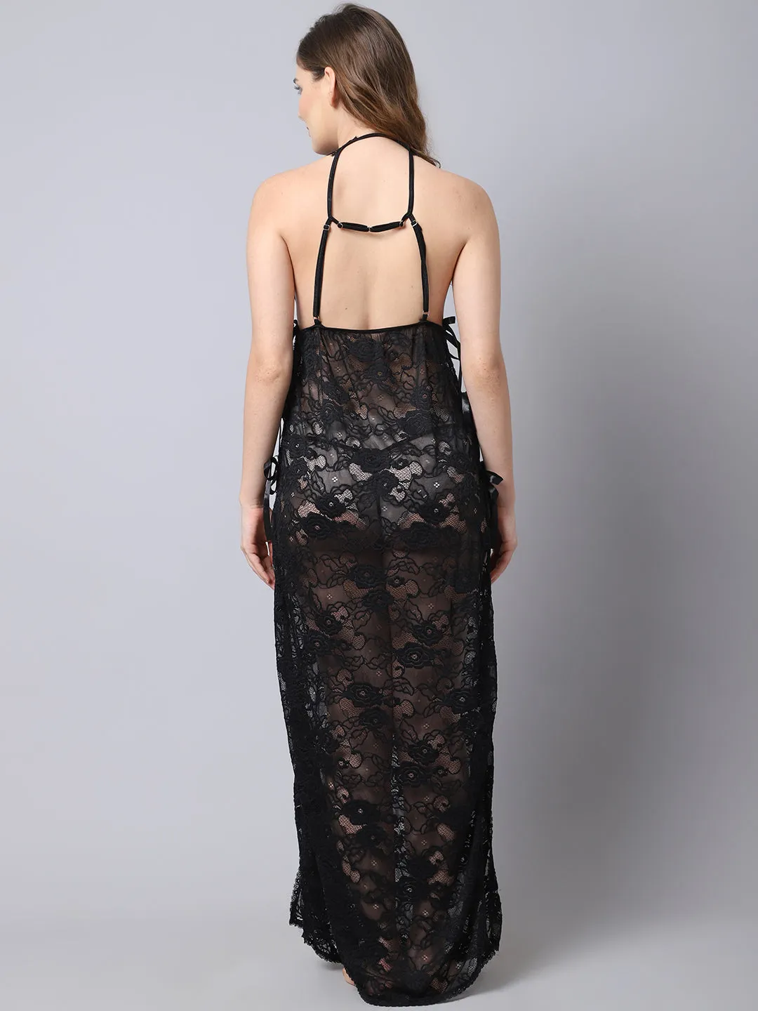 Overall Net With Side Ribbon Long Gown - Black