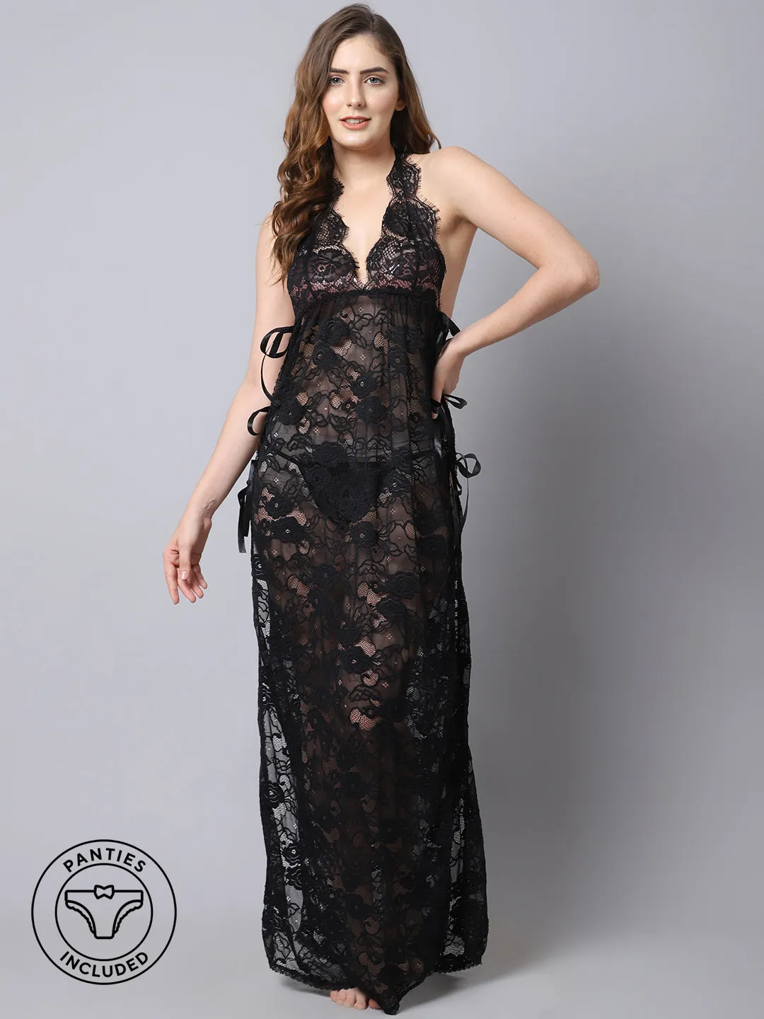 Overall Net With Side Ribbon Long Gown - Black