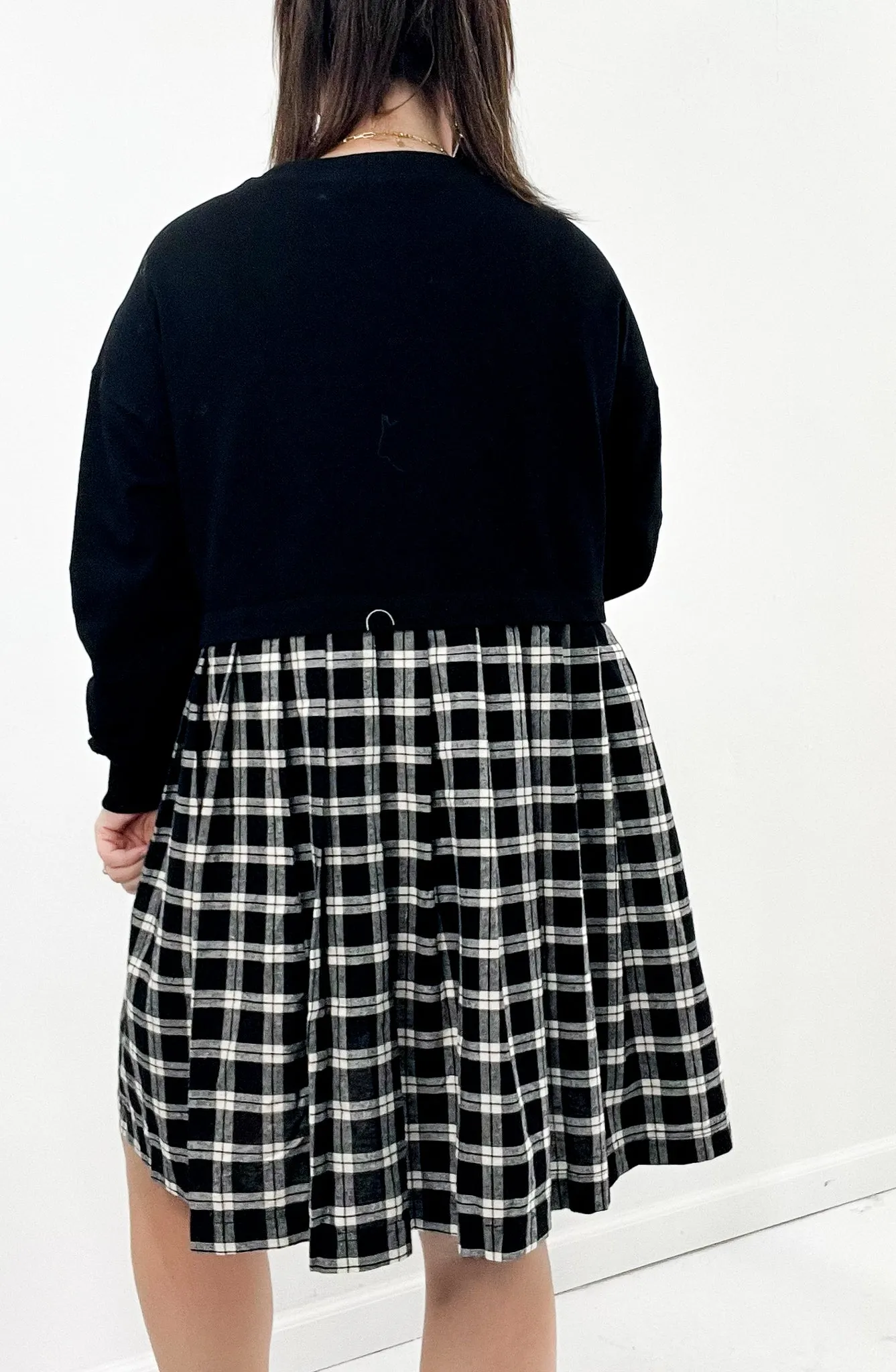 Oversize Sweatshirt Pleated Plaid Combo Babydoll Dress