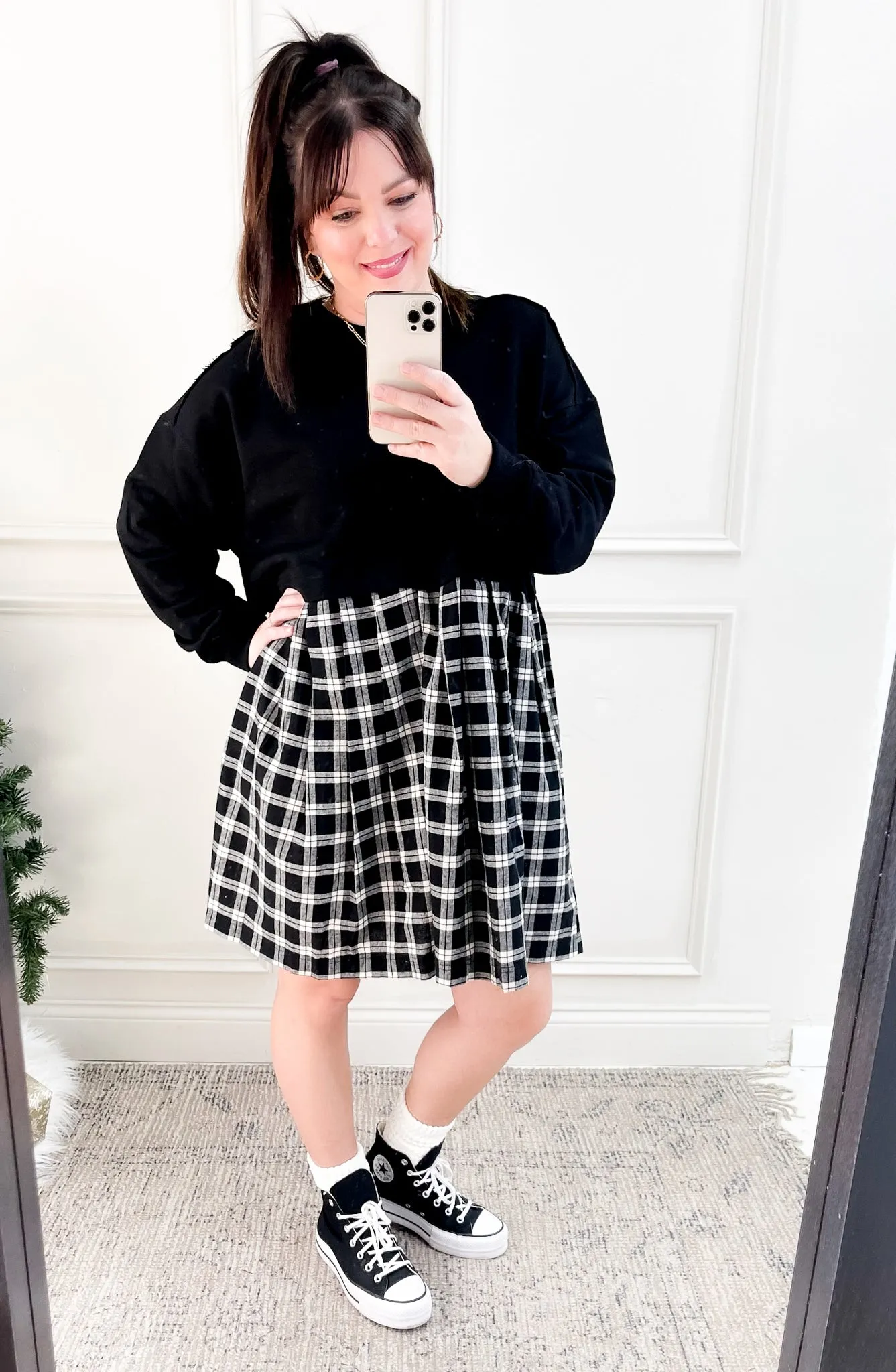 Oversize Sweatshirt Pleated Plaid Combo Babydoll Dress