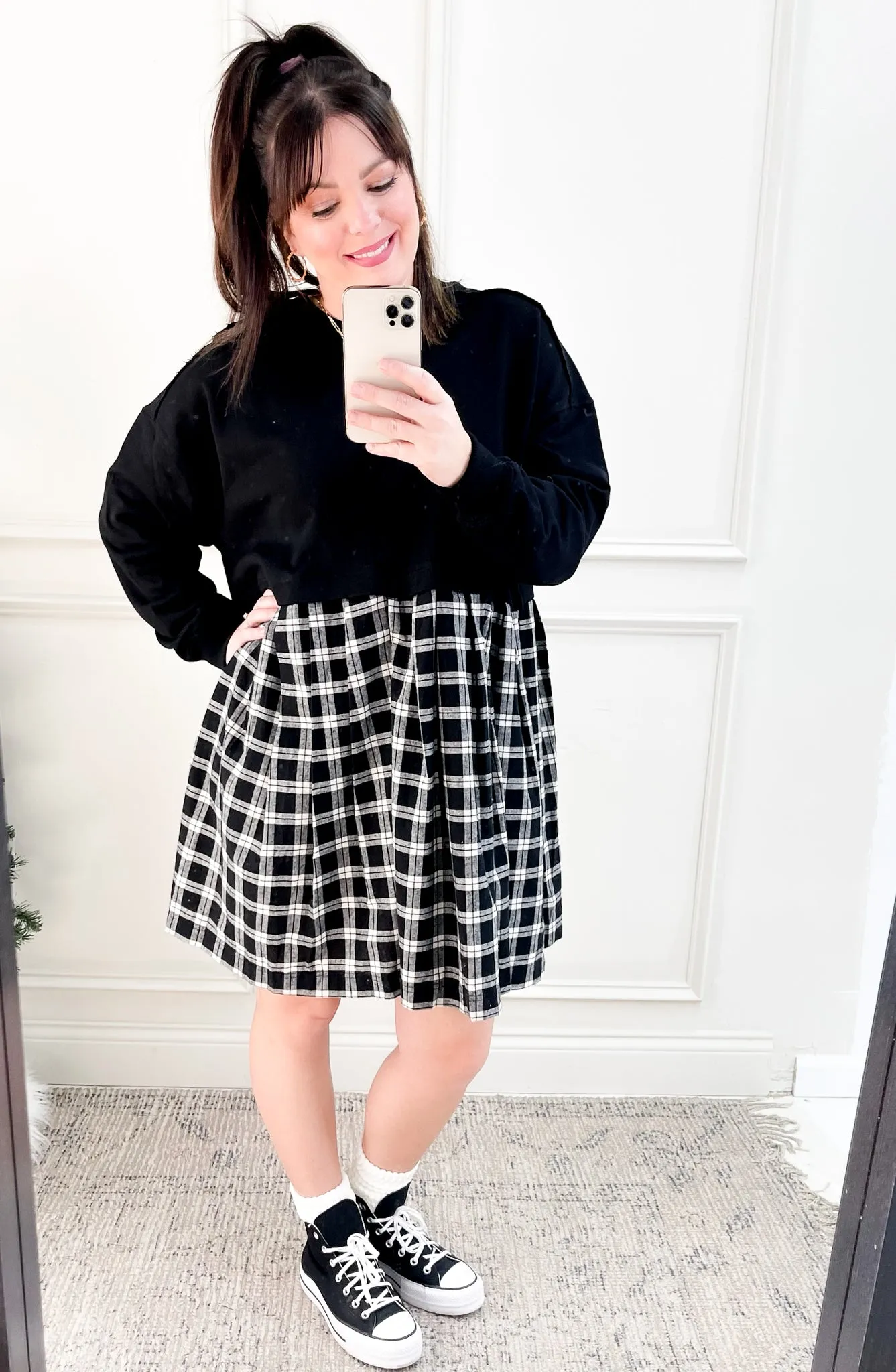 Oversize Sweatshirt Pleated Plaid Combo Babydoll Dress