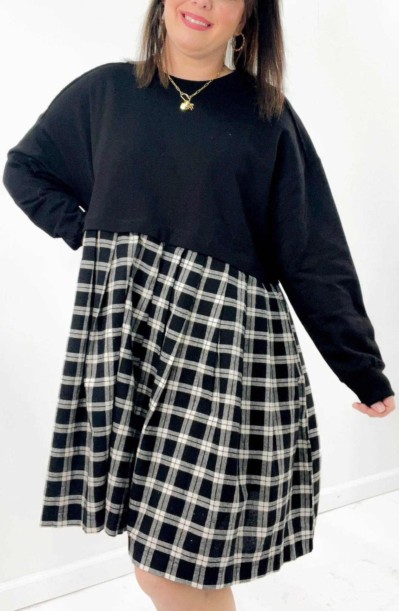 Oversize Sweatshirt Pleated Plaid Combo Babydoll Dress