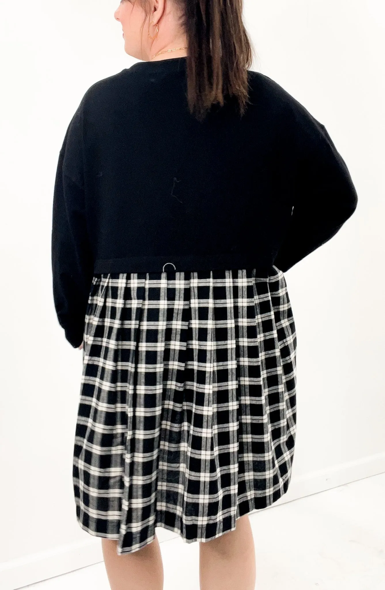 Oversize Sweatshirt Pleated Plaid Combo Babydoll Dress