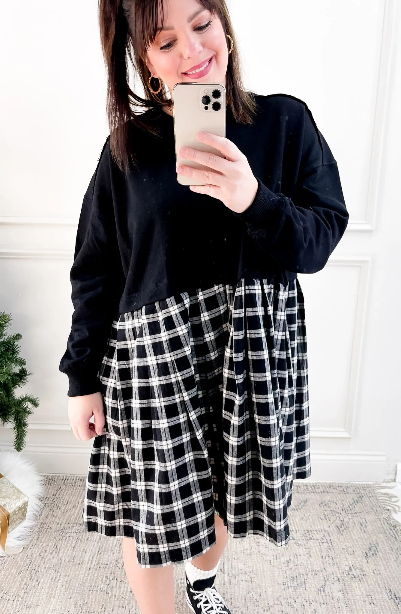 Oversize Sweatshirt Pleated Plaid Combo Babydoll Dress