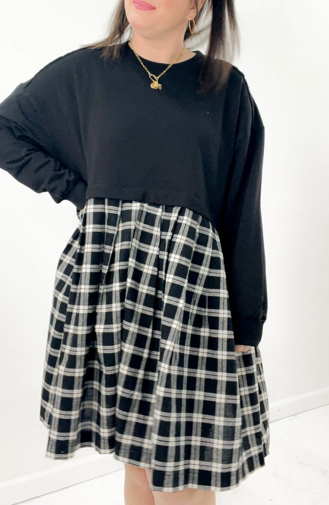 Oversize Sweatshirt Pleated Plaid Combo Babydoll Dress