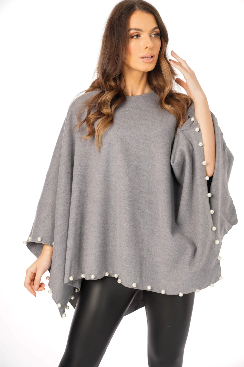 Oversized Felt Pull Over Poncho with Pearl Detail