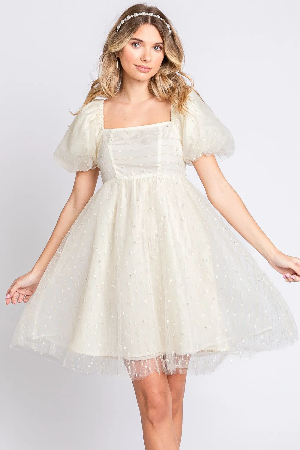 Pearl Mesh Puff Sleeve Babydoll Dress