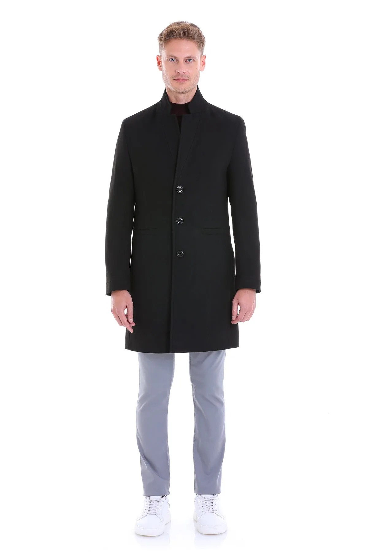 Regular Fit Cachet Notch Lapel Black Overcoat