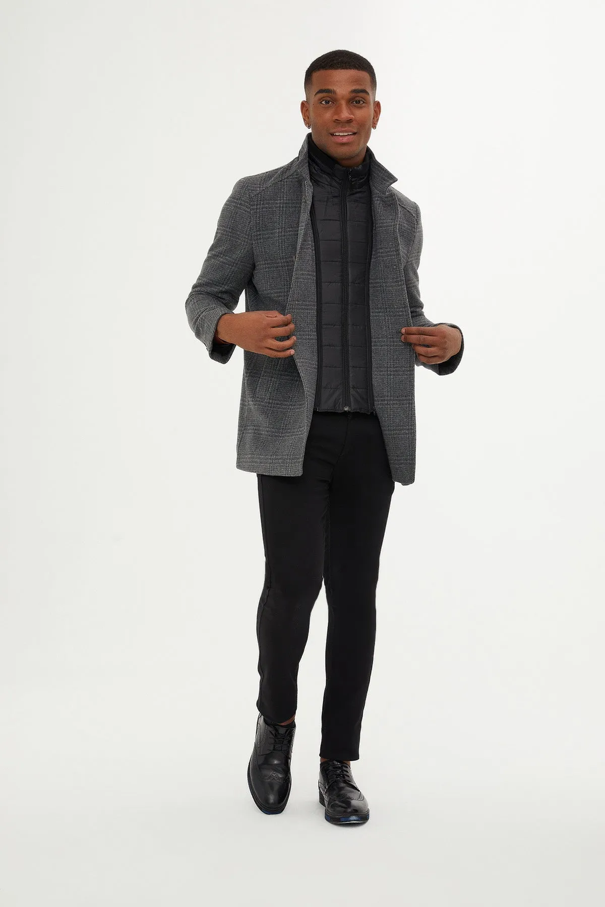 Regular Fit Cachet Stand Collar Wool Blend Gray Overcoat