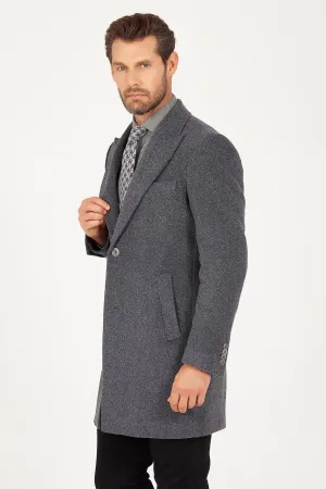 Regular Fit Peaked Lapel Wool & Cashmere Gray Overcoat