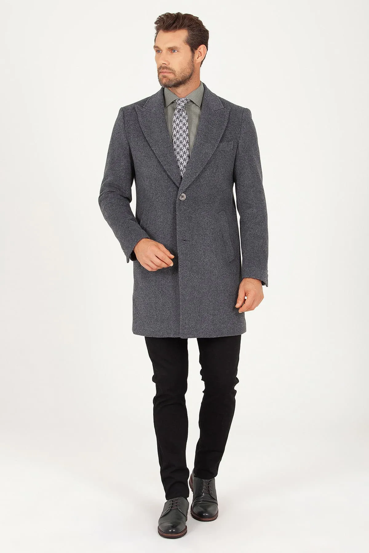 Regular Fit Peaked Lapel Wool & Cashmere Gray Overcoat