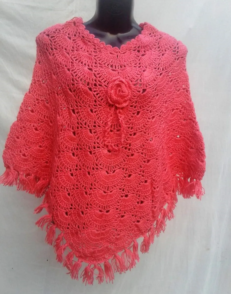 Rose Pink Woolen Handmade Beautiful Design Poncho For Girls/Women