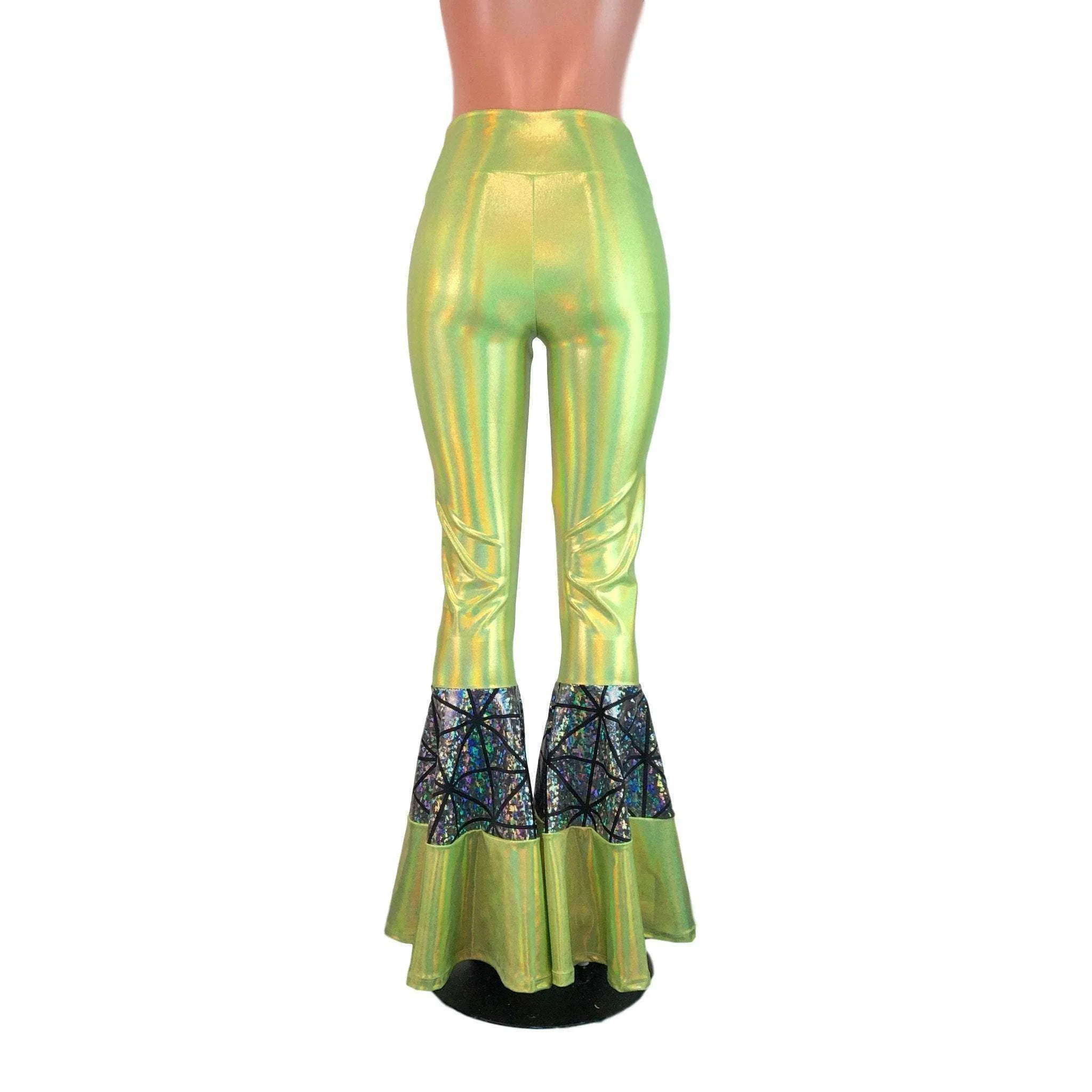 SALE - High-Waisted Tiered Bell Bottom Flares  - Lime Green/Silver Glass Pane