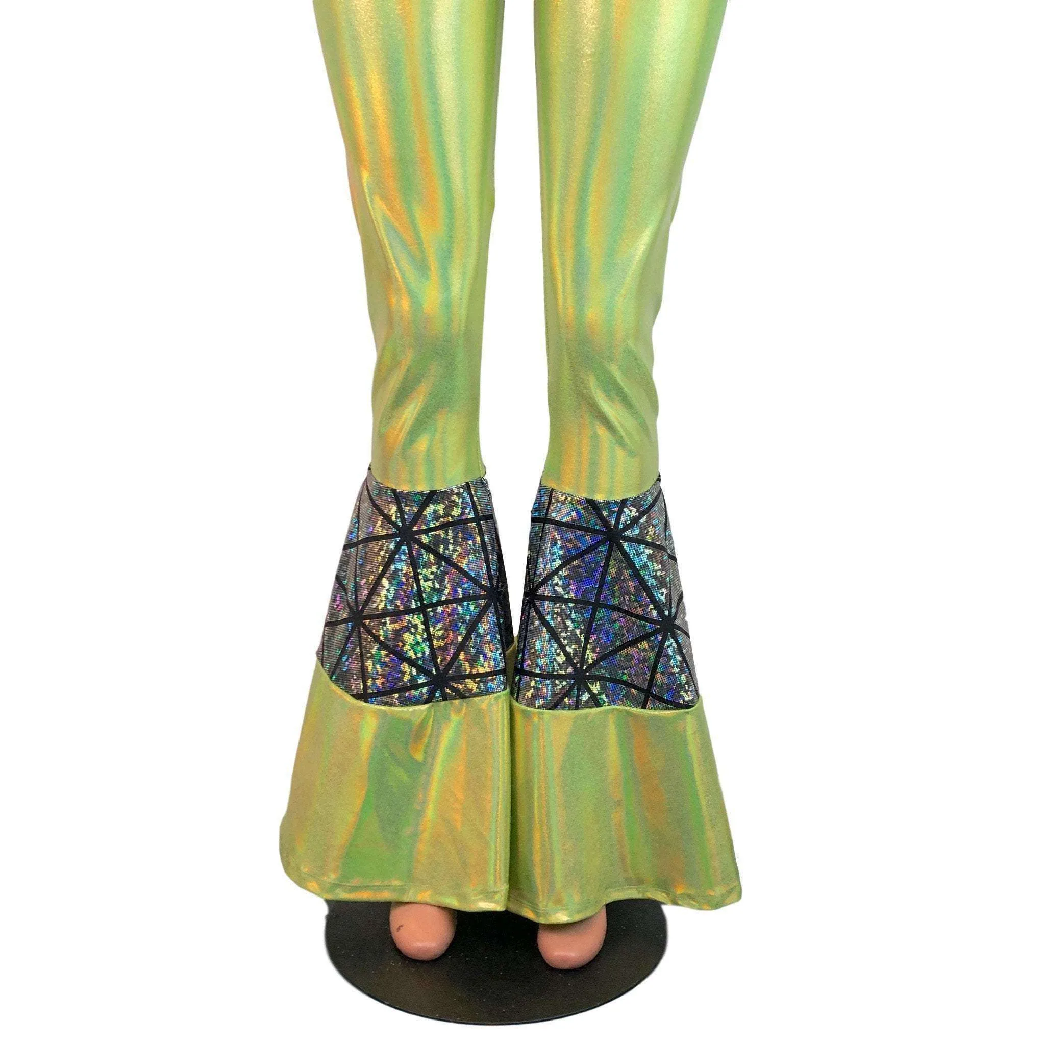 SALE - High-Waisted Tiered Bell Bottom Flares  - Lime Green/Silver Glass Pane