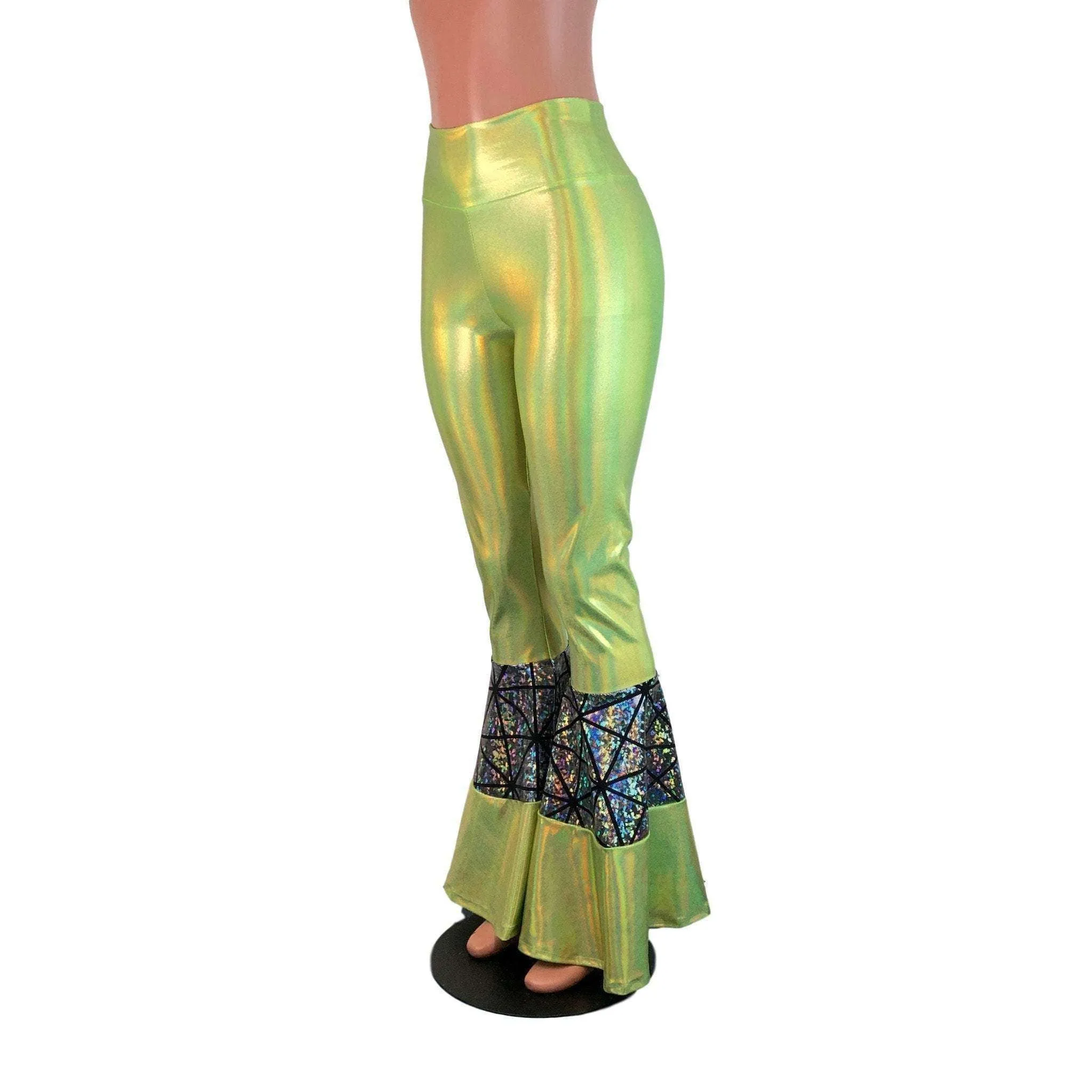 SALE - High-Waisted Tiered Bell Bottom Flares  - Lime Green/Silver Glass Pane