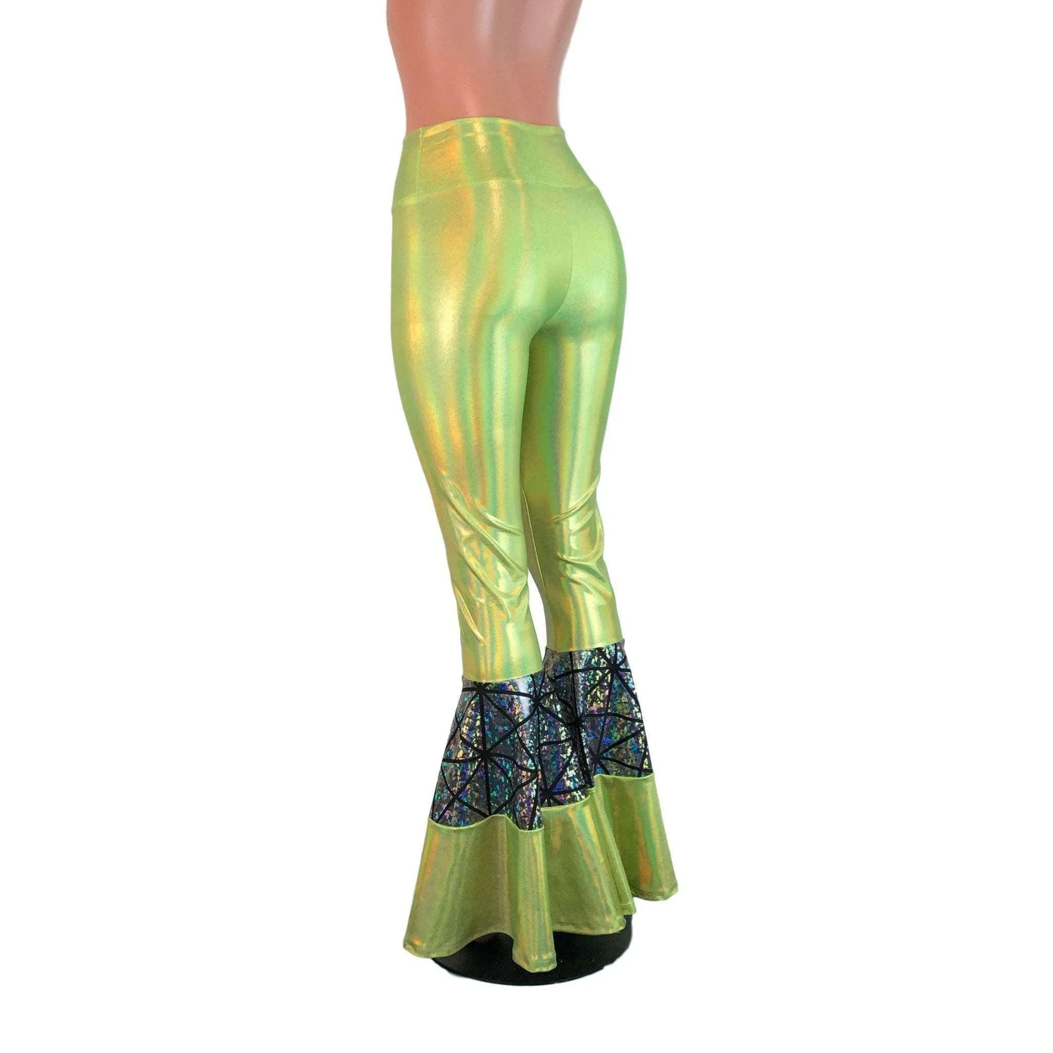 SALE - High-Waisted Tiered Bell Bottom Flares  - Lime Green/Silver Glass Pane