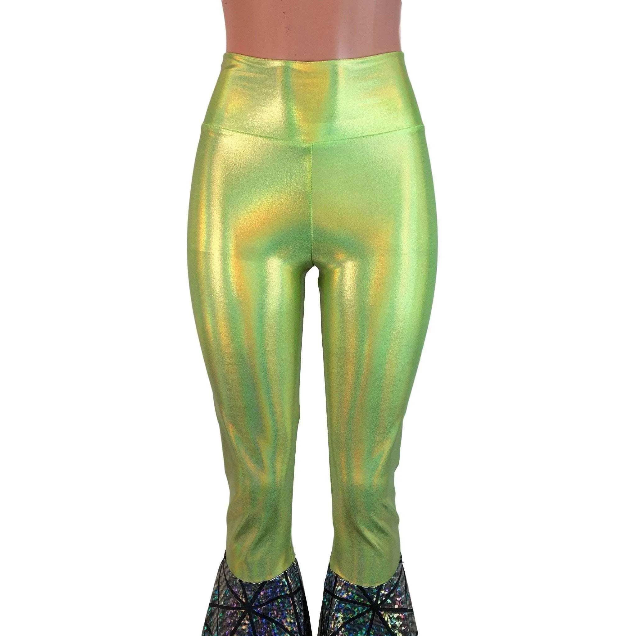 SALE - High-Waisted Tiered Bell Bottom Flares  - Lime Green/Silver Glass Pane