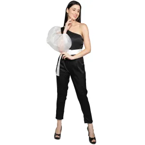 SLAY. Women's Black Balloon Sleeve Poly Textured Jumpsuit with White waist belt