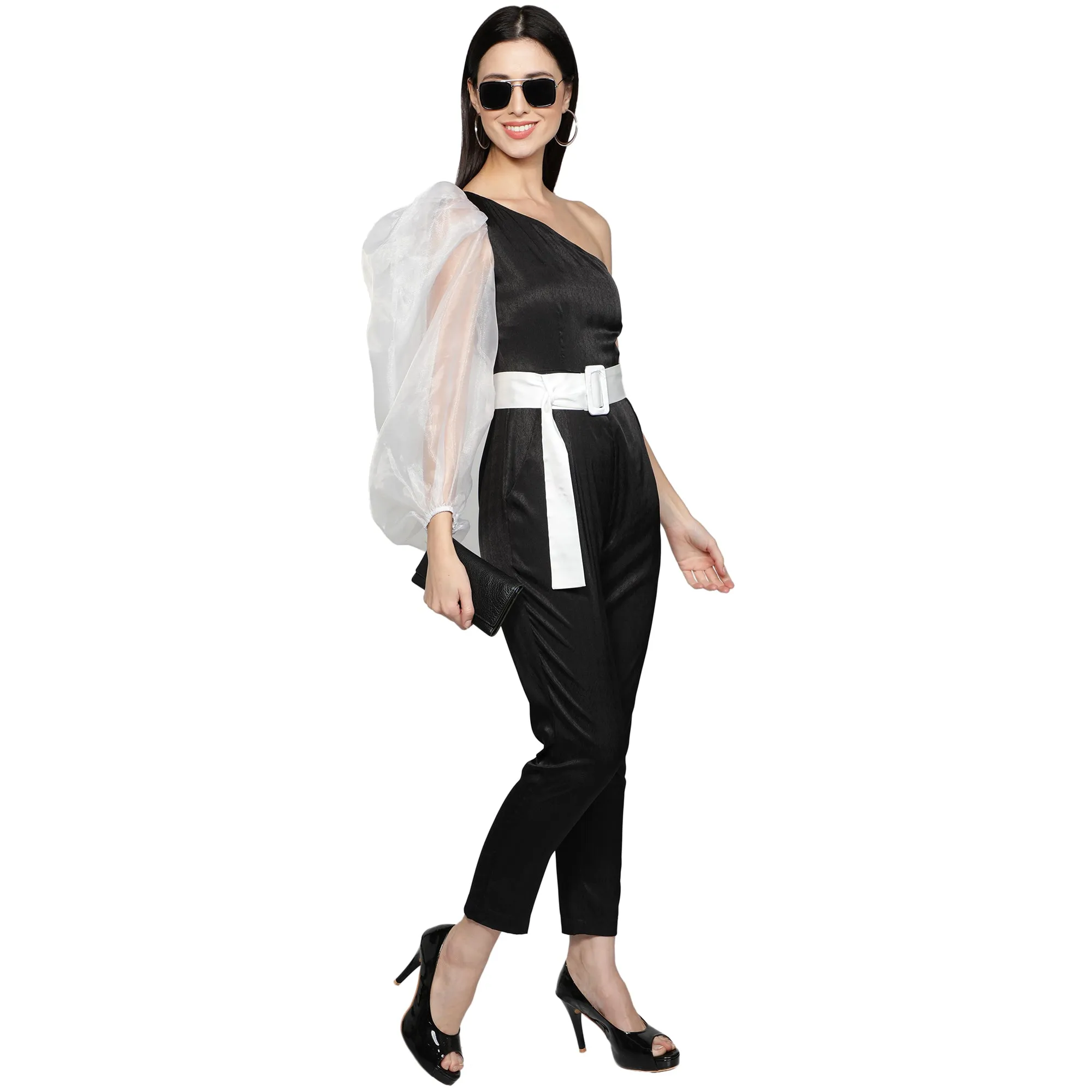 SLAY. Women's Black Balloon Sleeve Poly Textured Jumpsuit with White waist belt