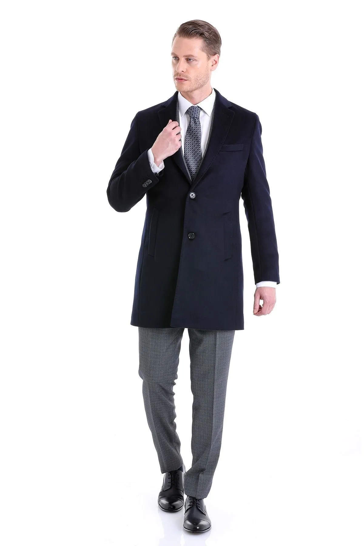 Slim Fit Cachet TBC Notch Lapel Wool Black Overcoat, Navy