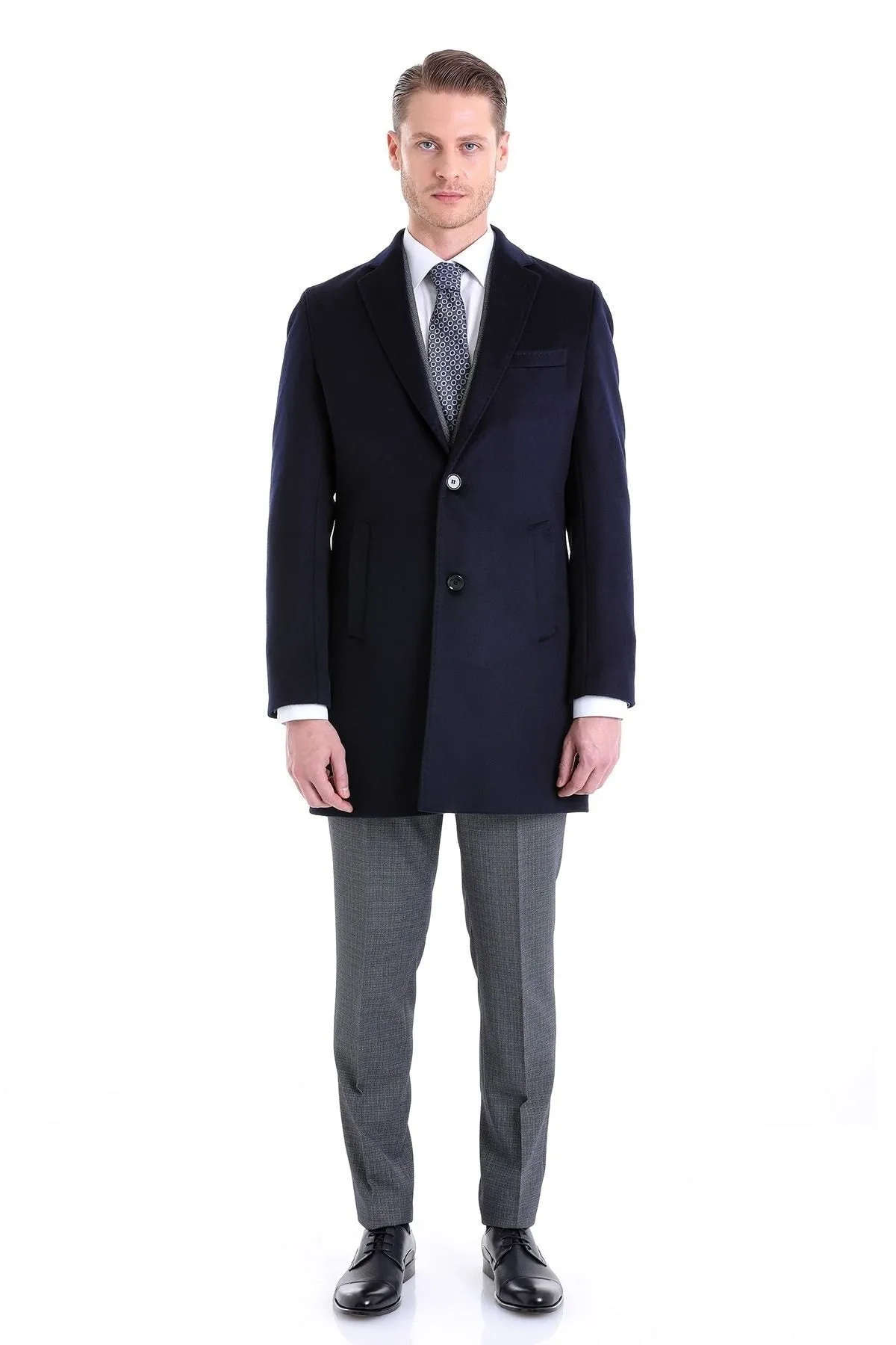 Slim Fit Cachet TBC Notch Lapel Wool Black Overcoat, Navy