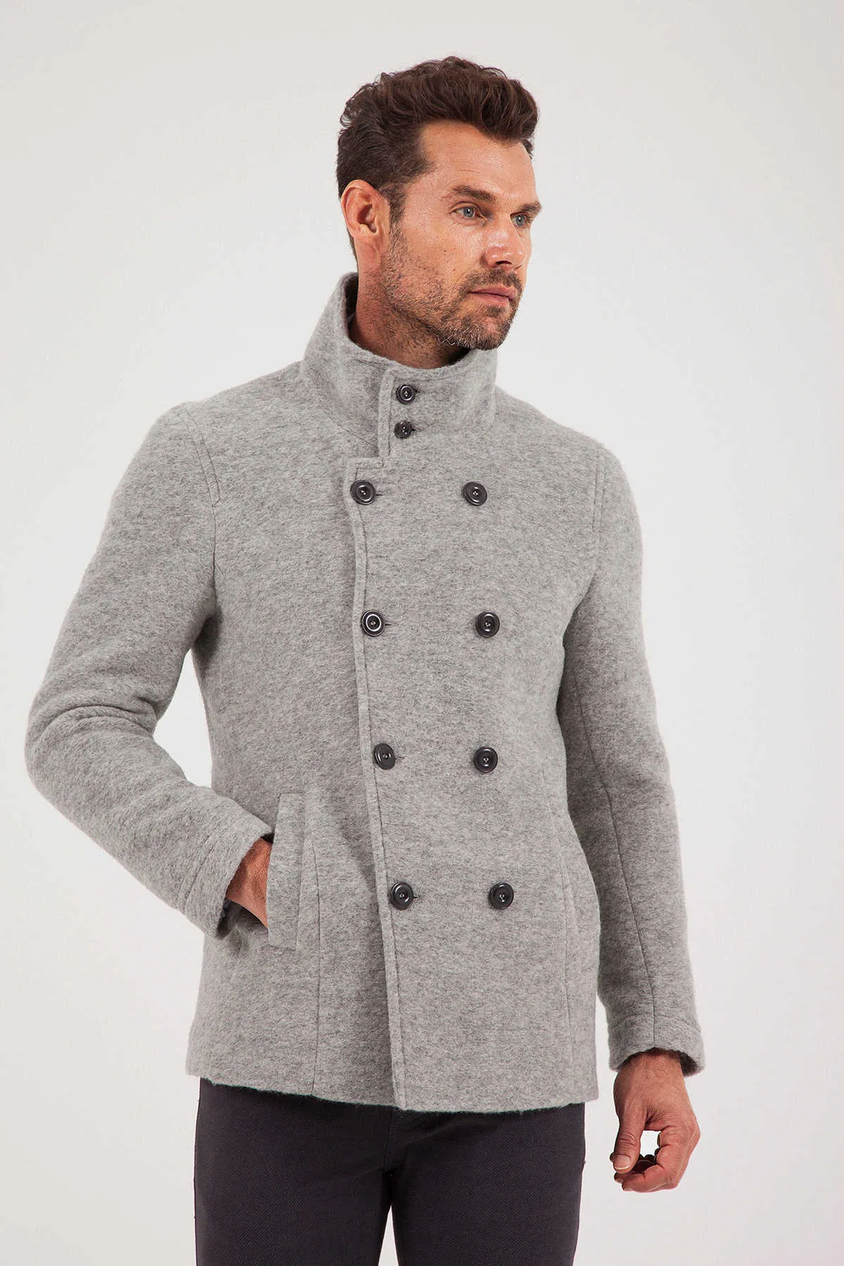 Slim Fit Notch Lapel Alpine Wool Gray Overcoat, Light Gray 7