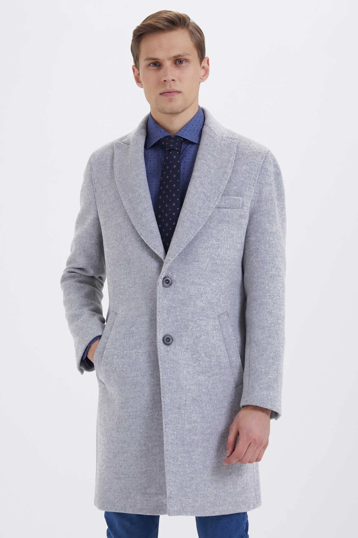 Slim Fit Notch Lapel Viloino Wool Light Gray Overcoat, Light Gray 7