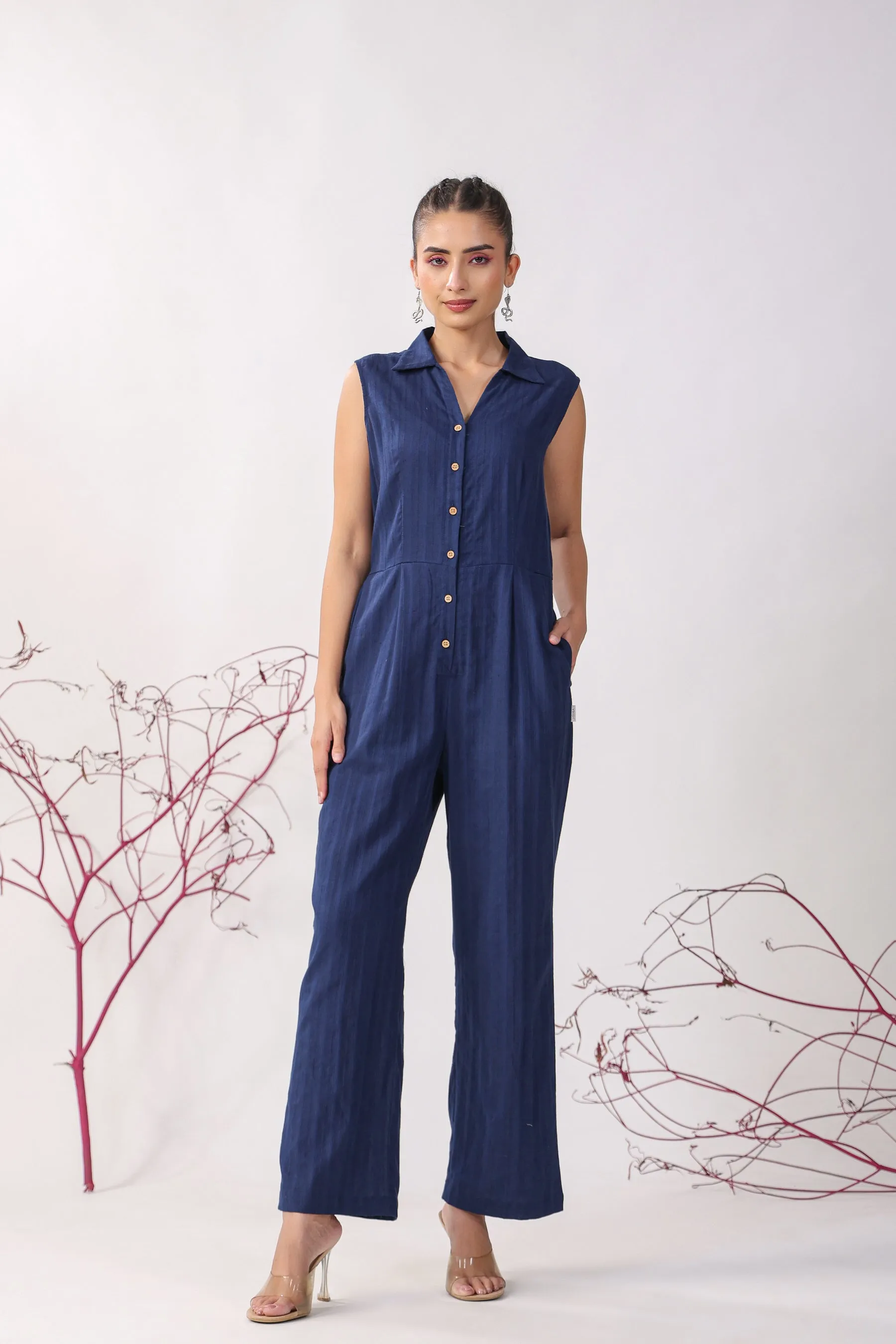 Solid Blue Cotton Jumpsuit