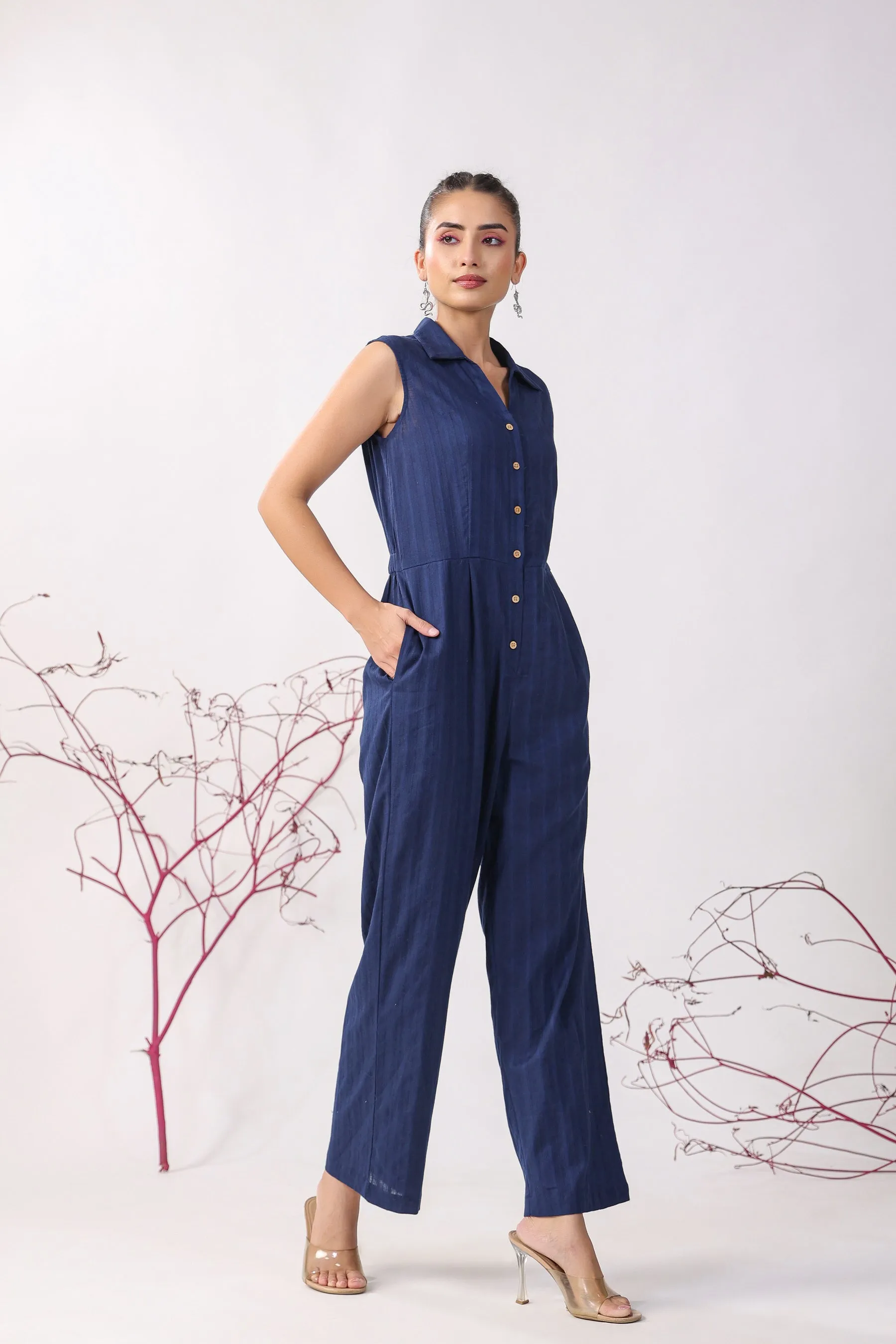 Solid Blue Cotton Jumpsuit