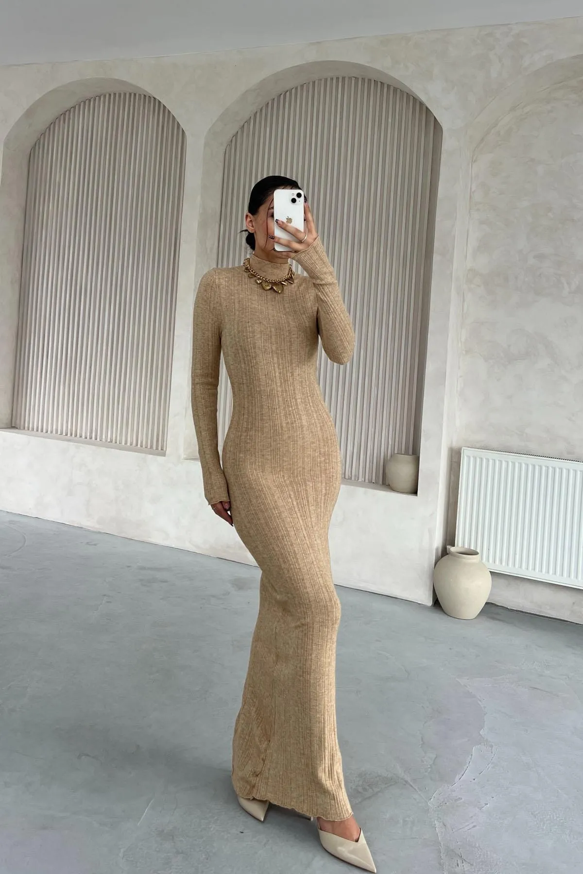 Stone Corduroy Half Turtleneck Long Knit Dress