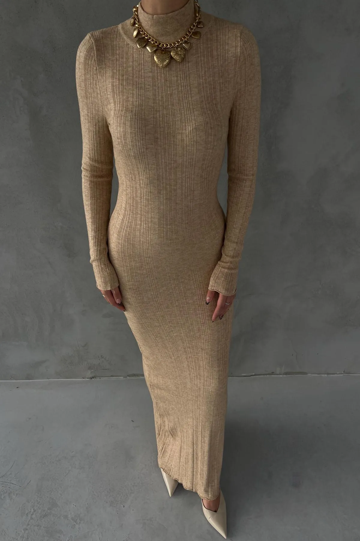 Stone Corduroy Half Turtleneck Long Knit Dress