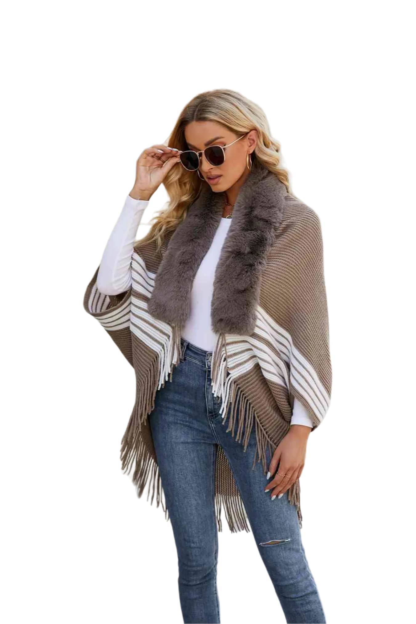 Striped Fringe Detail Long Sleeve Poncho