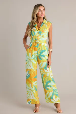 Sunset Glow Lime Green Tropical Print Belted Jumpsuit