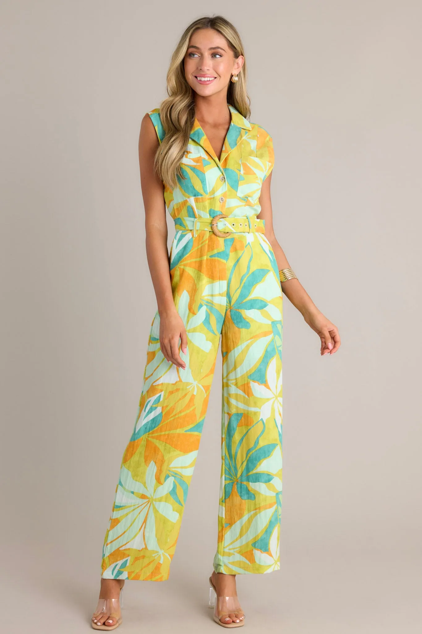 Sunset Glow Lime Green Tropical Print Belted Jumpsuit