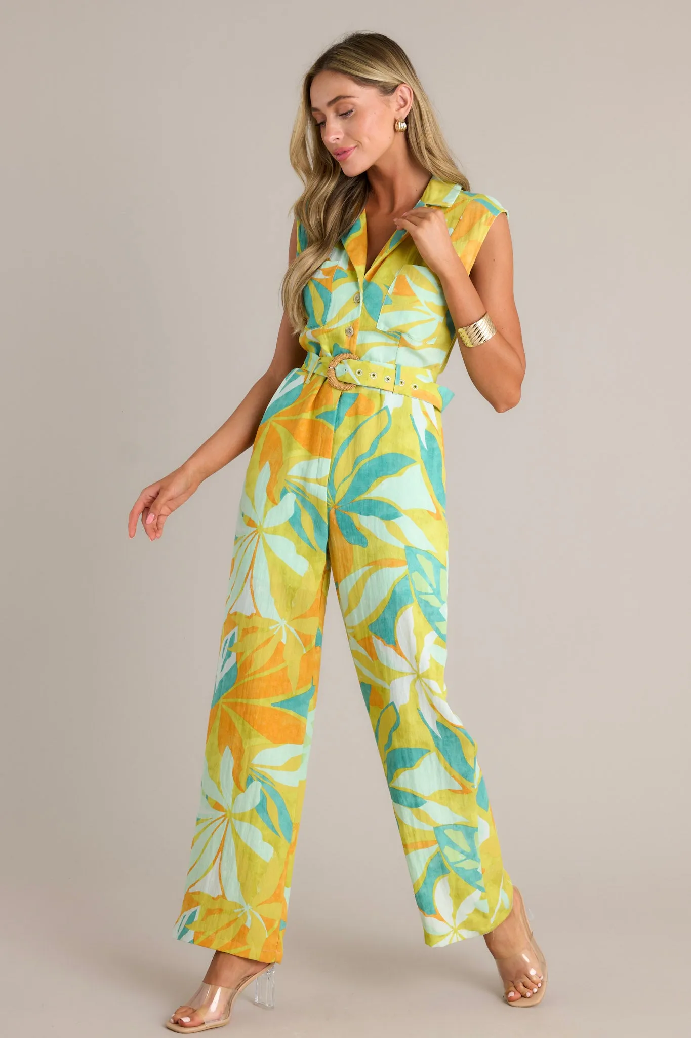 Sunset Glow Lime Green Tropical Print Belted Jumpsuit