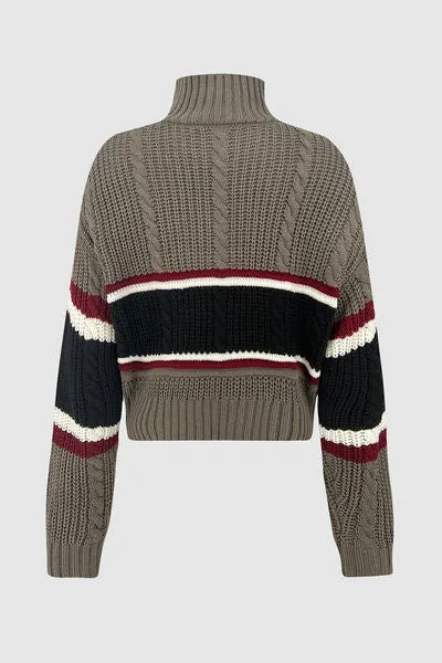 TEEK - Cable-Knit Striped Quarter Zip Turtleneck Sweater