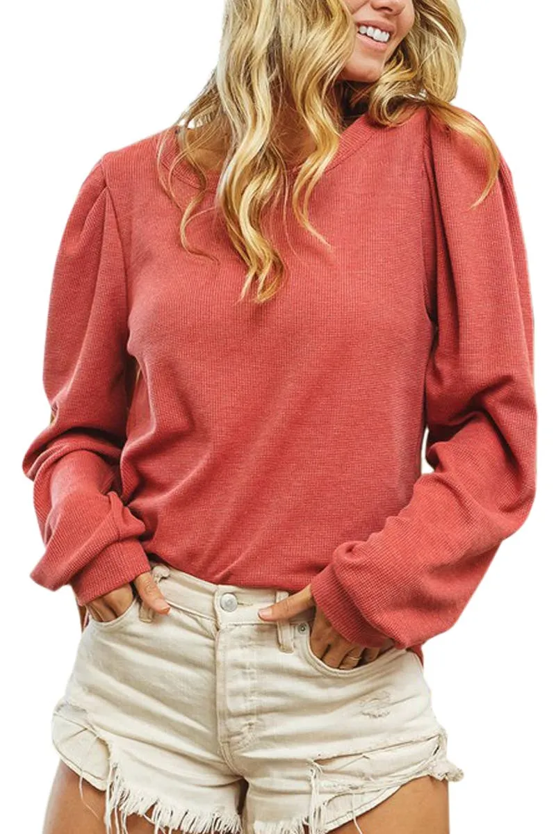 Thermal Puff Sleeves Crew Neck Top (Olive, Marsala, Khaki)