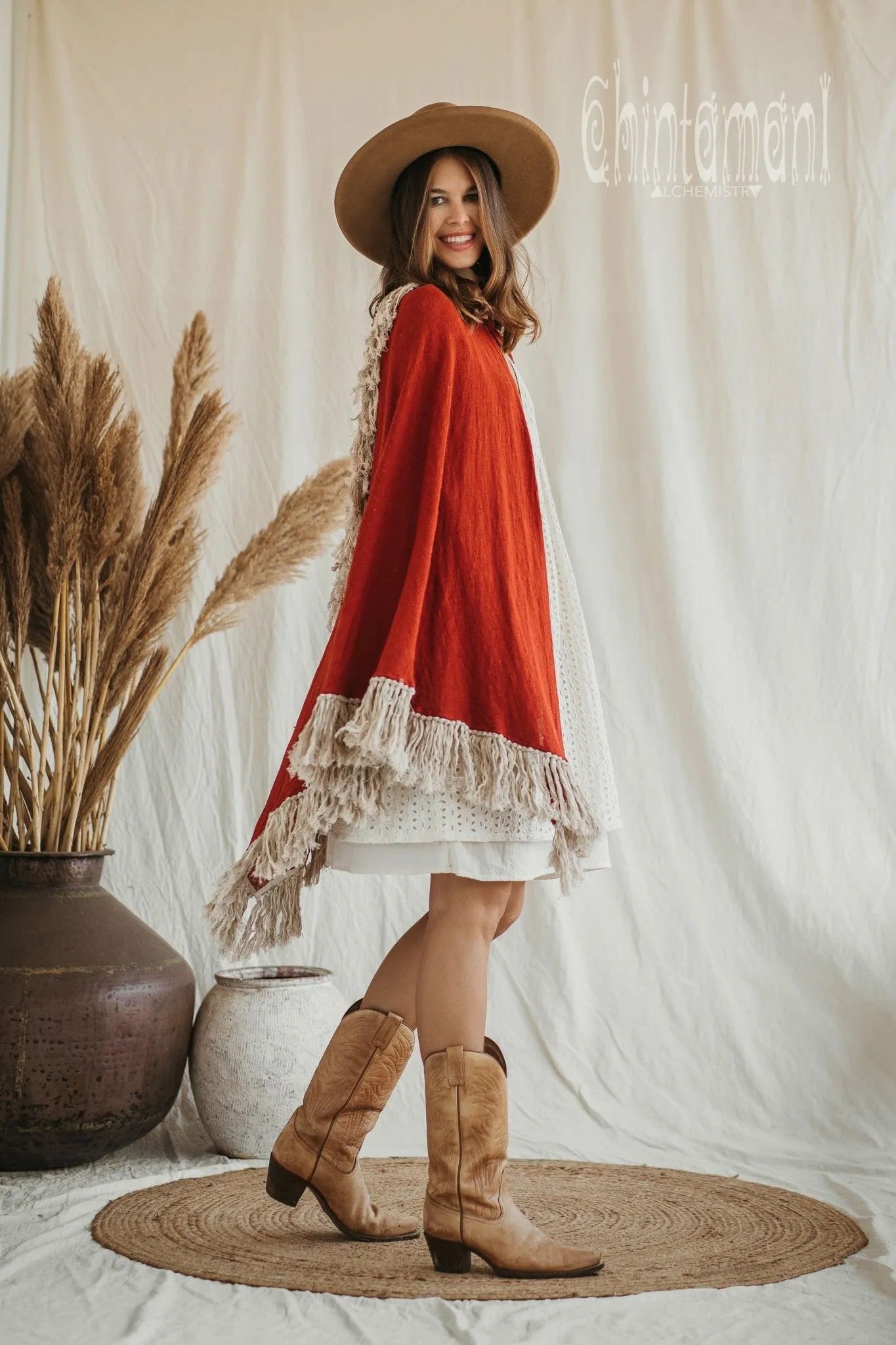 Thick and Thin Poncho / Soft Cotton   Cotton Canvas / Red Ochre