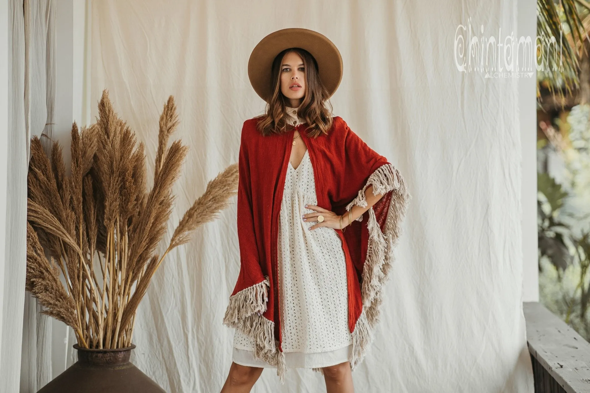 Thick and Thin Poncho / Soft Cotton   Cotton Canvas / Red Ochre