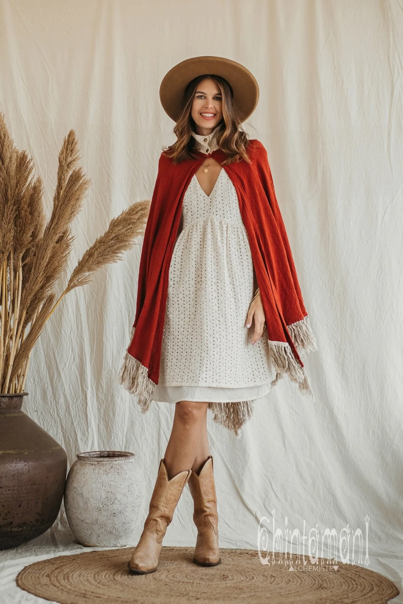 Thick and Thin Poncho / Soft Cotton   Cotton Canvas / Red Ochre