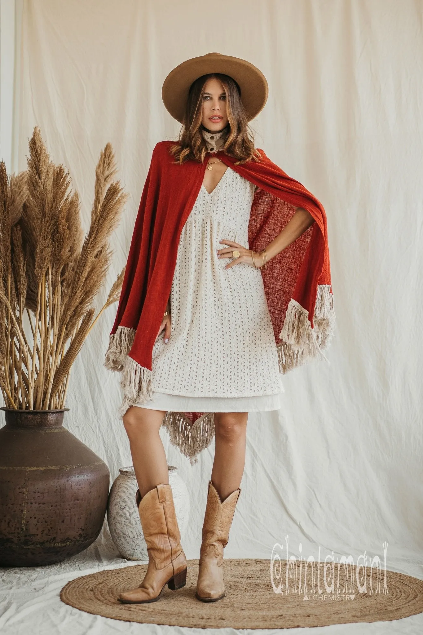 Thick and Thin Poncho / Soft Cotton   Cotton Canvas / Red Ochre