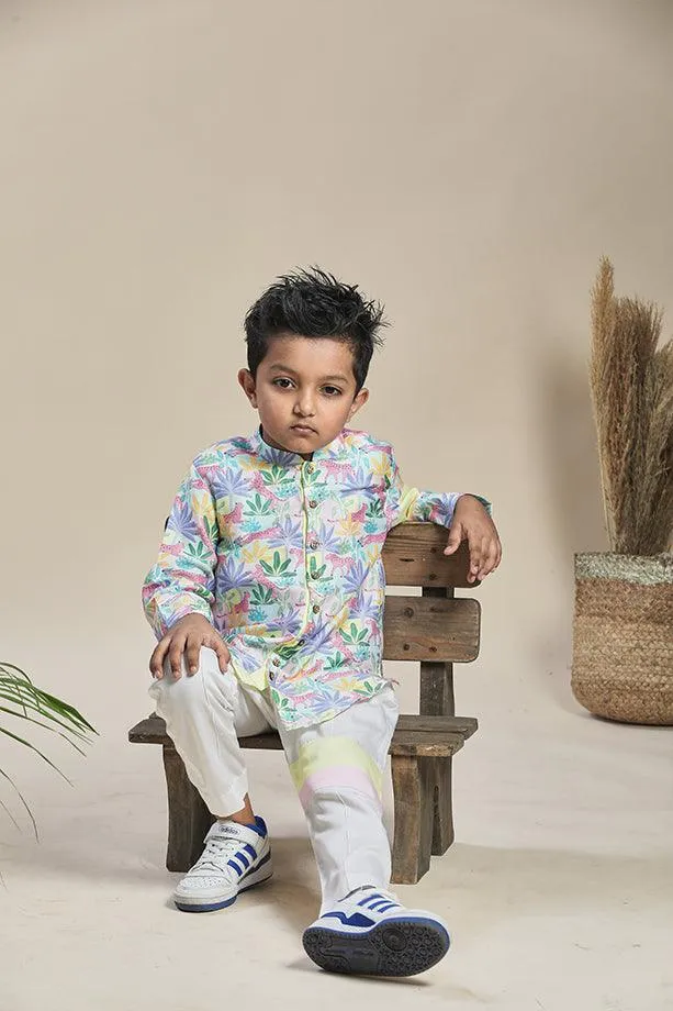 Tropical Print Short Shirt Kurta and Off-White Pants Set for Boys