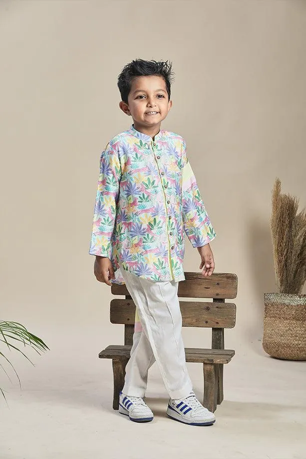 Tropical Print Short Shirt Kurta and Off-White Pants Set for Boys