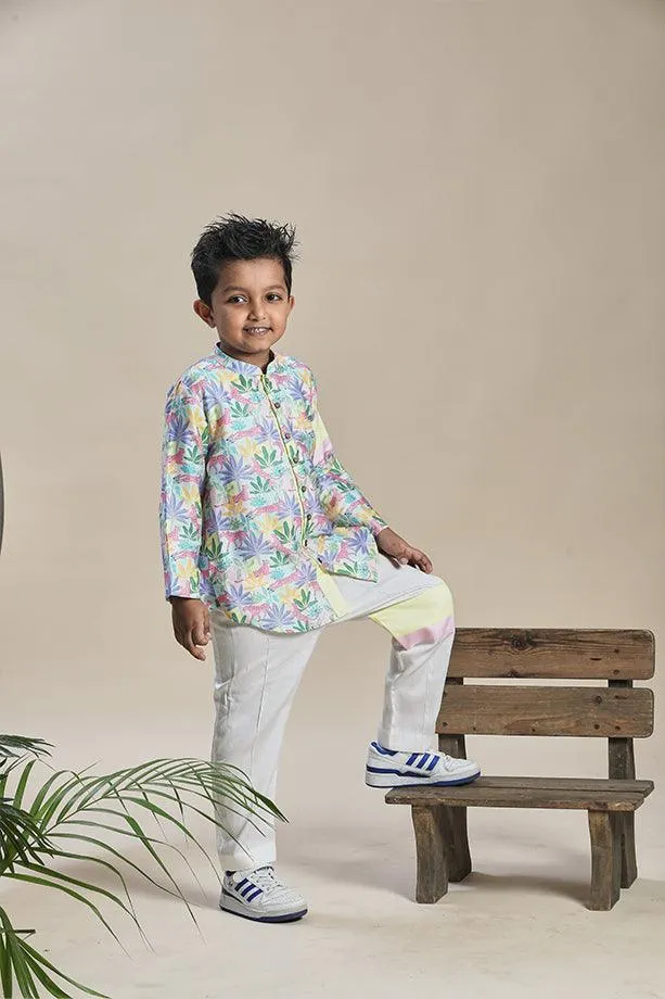 Tropical Print Short Shirt Kurta and Off-White Pants Set for Boys