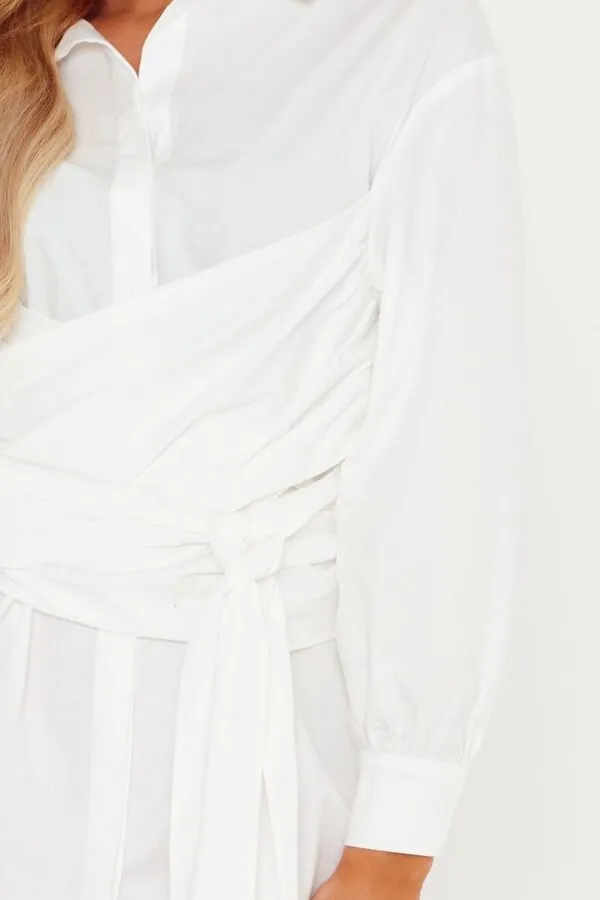 Twill Wrap Tie Waist Shirt Dress White