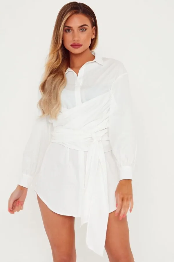 Twill Wrap Tie Waist Shirt Dress White