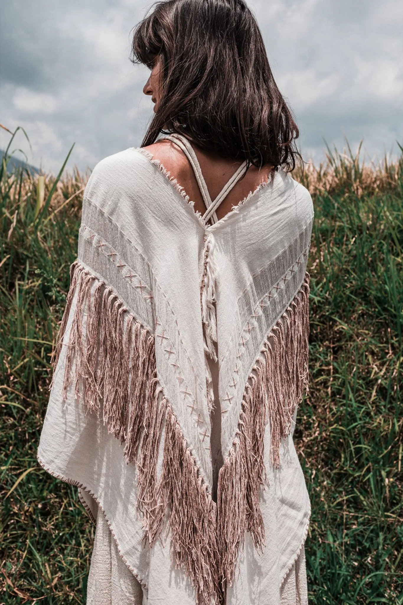 Unique Off-White Boho Poncho with Hand Loomed Tassels