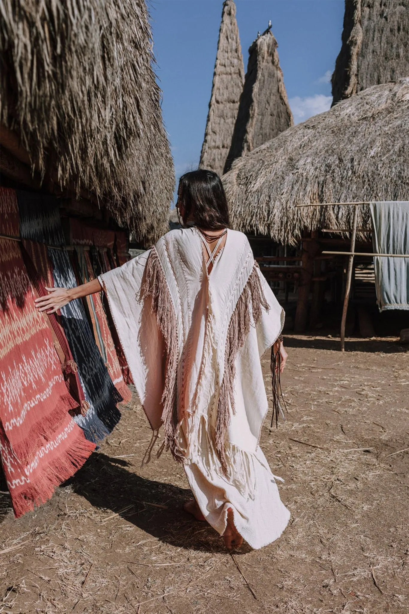 Unique Off-White Boho Poncho with Hand Loomed Tassels